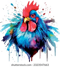 Watercolor chicken illustration hen vector, roosters image painting bright colorful drawing isolated object. orange-red-brown, multi-color Collection, poultry chicken bird in the village. Capon, Cock