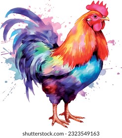 Watercolor chicken illustration hen vector, roosters image painting bright colorful drawing isolated object. orange-red-brown, multi-color Collection, poultry chicken bird in the village. Capon, Cock