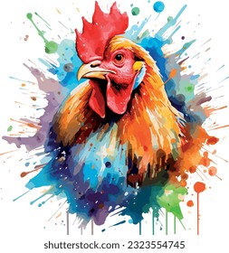 Watercolor chicken illustration hen vector, roosters image painting bright colorful drawing isolated object. orange-red-brown, multi-color Collection, poultry chicken bird in the village. Capon, Cock