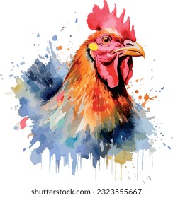 Watercolor chicken illustration hen vector, roosters image painting bright colorful drawing isolated object. orange-red-brown, multi-color Collection, poultry chicken bird in the village. Capon, Cock