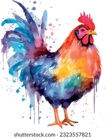 Watercolor chicken illustration hen vector, roosters image painting bright colorful drawing isolated object. orange-red-brown, multi-color Collection, poultry chicken bird in the village. Capon, Cock