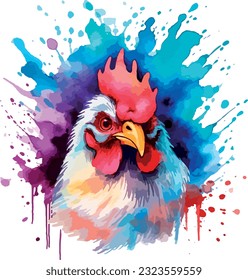 Watercolor chicken illustration hen vector, roosters image painting bright colorful drawing isolated object. orange-red-brown, multi-color Collection, poultry chicken bird in the village. Capon, Cock