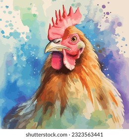 Watercolor chicken illustration hen vector, roosters image painting bright colorful drawing isolated object. orange-red-brown, multi-color Collection, poultry chicken bird in the village. Capon, Cock