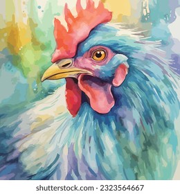 Watercolor chicken illustration hen vector, roosters image painting bright colorful drawing isolated object. orange-red-brown, multi-color Collection, poultry chicken bird in the village. Capon, Cock