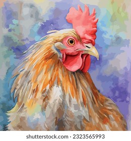 Watercolor chicken illustration hen vector, roosters image painting bright colorful drawing isolated object. orange-red-brown, multi-color Collection, poultry chicken bird in the village. Capon, Cock