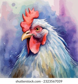 Watercolor chicken illustration hen vector, roosters image painting bright colorful drawing isolated object. orange-red-brown, multi-color Collection, poultry chicken bird in the village. Capon, Cock