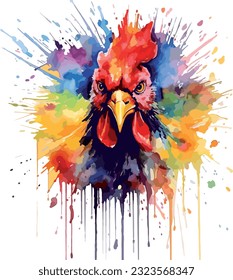 Watercolor chicken illustration hen vector, roosters image painting bright colorful drawing isolated object. orange-red-brown, multi-color Collection, poultry chicken bird in the village. Capon, Cock