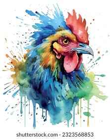 Watercolor chicken illustration hen vector, roosters image painting bright colorful drawing isolated object. orange-red-brown, multi-color Collection, poultry chicken bird in the village. Capon, Cock