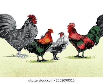 Aquarela galinha ilustração galinha vetor, galos imagem pintura brilhante colorido desenho isolado objeto. laranja-vermelho-marrom, multi-cor Coleção, aves de galinha na aldeia. Capão, Cock
