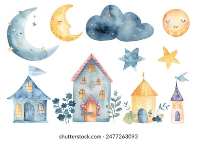 Watercolor childish illustration. Fairy kingdom, clouds, moon, stars. Cute watercolor houses. Scandinavian castle. 