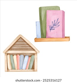 Watercolor children's book shelves. Hand drawn nursery element in pastel colors. Baby accessories