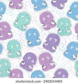 Watercolor children's seamless patterns with underwater creatures: whale, turtle, crab, octopus, starfish. Vector flat illustrations and icon set