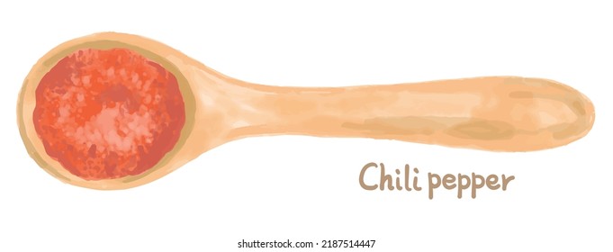 Watercolor chili pepper powder on spoon. Vector illustration.	