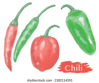 Un juego de pimienta chillón acuarela. Ilustración vectorial.	