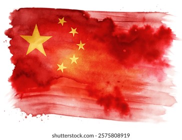 Watercolor Chinese flag, vibrant red background, artistic brush strokes, national symbol, cultural representation, patriotic design.