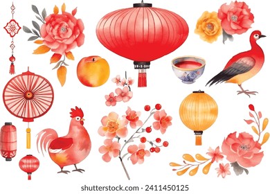 Watercolor chinese traditions clipart. Hand drawn clip art elements for chinese lunar new year