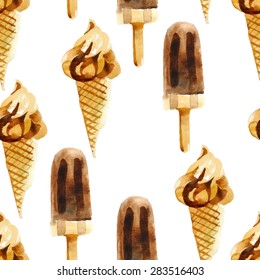 Watercolor chocolate ice cream seamless pattern