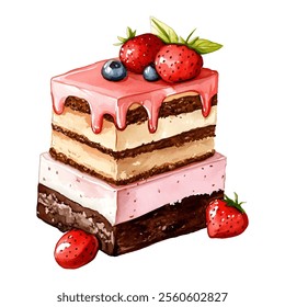 Watercolor chocolate strawberry cake png. Sponge cake with strawberry cream covered with strawberry glaze on decorated with berries. Strawberry cake in cartoon style.