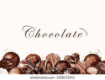 Watercolor chocolate vector background template design. Collection of chocolates design for poster, template, greetings, card, invitation, flyer, banner.