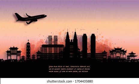 Watercolor of Chongqing, China silhouette skyline and famous landmark. vector illustration.