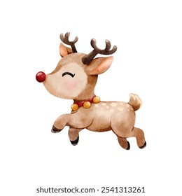 Watercolor Christmas with adorable reindeer cartoon character, Perfect for Christmas greeting cards and festive decoration vector