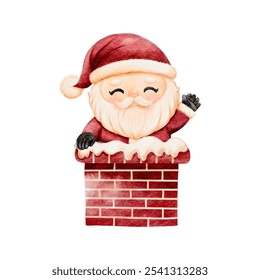 Watercolor Christmas with adorable smiling Santa Claus in chimney cartoon character, Perfect for Christmas greeting cards and festive decoration vector