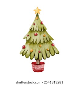 Watercolor Christmas with adorable Christmas tree cartoon character, Perfect for Christmas greeting cards and festive decoration vector