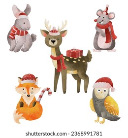 Watercolor Christmas animals set with Rabbit, Rat, Deer, Fox and Owl wearing santa hat illustration vector