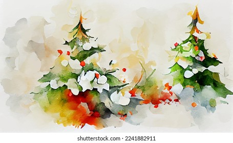 Watercolor christmas background, holiday season greeting card decoration design, winter landscape illustration with xmas trees for postacerds and invitations