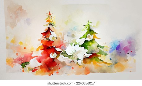 Watercolor christmas background, holiday season greeting card decoration design, winter landscape illustration with xmas trees for postacerds and invitations