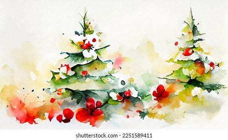 Watercolor christmas background, holiday season greeting card decoration design, winter landscape illustration with xmas trees for postacerds and invitations