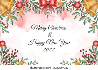 Watercolor christmas background with leaves, berry and Christmas light ball