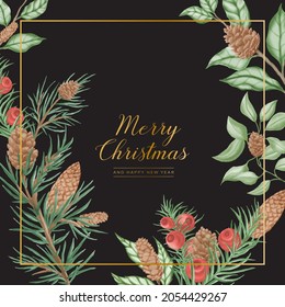 Watercolor christmas background with pine tree branches