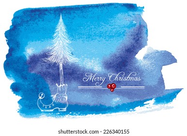 watercolor christmas background with pine tree and elven shoes