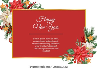 Watercolor christmas background with Poinsettia flower, leaves and Christmas light ball
