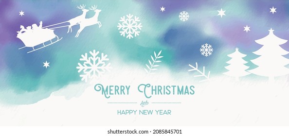 Watercolor Christmas background with Santa with sleigh and elements, Vector