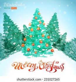 Watercolor Christmas background. Christmas tree on winter landscape. Hand-written text. 