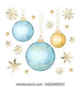 Watercolor christmas ball decoration, gold and blue ornaments with snowflakes