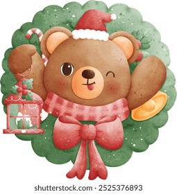 Watercolor Christmas Bear in Christmas Wreath Vector Illustration Isolated on White Background