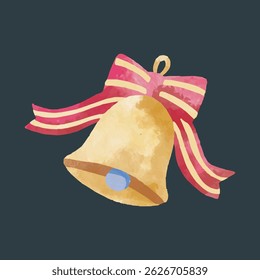 Watercolor Christmas Bell with stripped Red Ribbon and Bow in watercolor design and isolated background