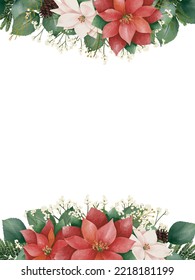 Watercolor christmas border frame, new year green spruce tree branches, leaf and poinsettia flowers. Space for text. Christmas background with live fir branches. Perfect for invitation cards, print