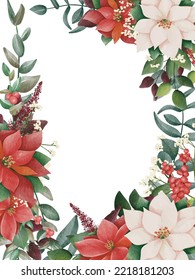 Watercolor christmas border frame, new year green spruce tree branches, leaf and poinsettia flowers. Space for text. Christmas background with live fir branches. Perfect for invitation cards, print
