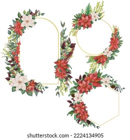 Watercolor christmas border set, new year green spruce tree branches, leaf and Poinsettia Flowers. Frame set vignette with a bouquet of flowers. Border, background. Perfect for invitation cards, print