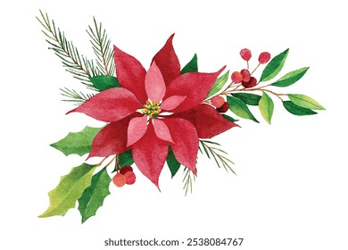 Watercolor Christmas bouquet with poinsettia and holly