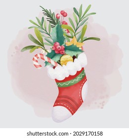 Watercolor christmas bouquet with sock illustration