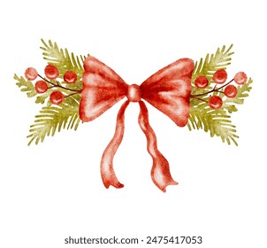 Watercolor Christmas bow composition with fir tree branches and red berries