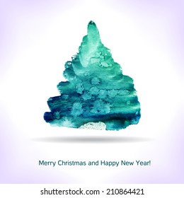 Watercolor Christmas card. Blot in the form of a Christmas tree.