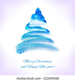 Watercolor Christmas card. Blot in the form of a Christmas tree.