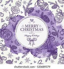 Watercolor Christmas card with decorations and cone. Hand drawn. 