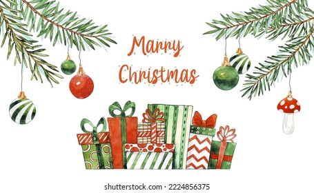 Watercolor Christmas card with Fir branches, christmas balls, presents and place for text. Vector illustration for greeting card and invitation. Winter holidays poster.